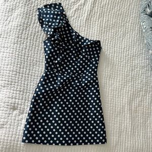 Monique lhuillier navy dress with white polka dots
